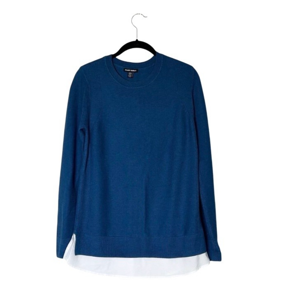 Hilary Radly Crew Neck long Sleeve Blue Sweater With‎ Faux White Under Blouse M